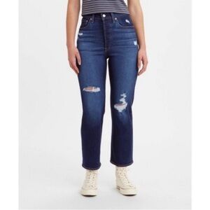 Levi's Womens Ribcage Straight Ankle Jean 30 dark Wash Distressed buttons fly